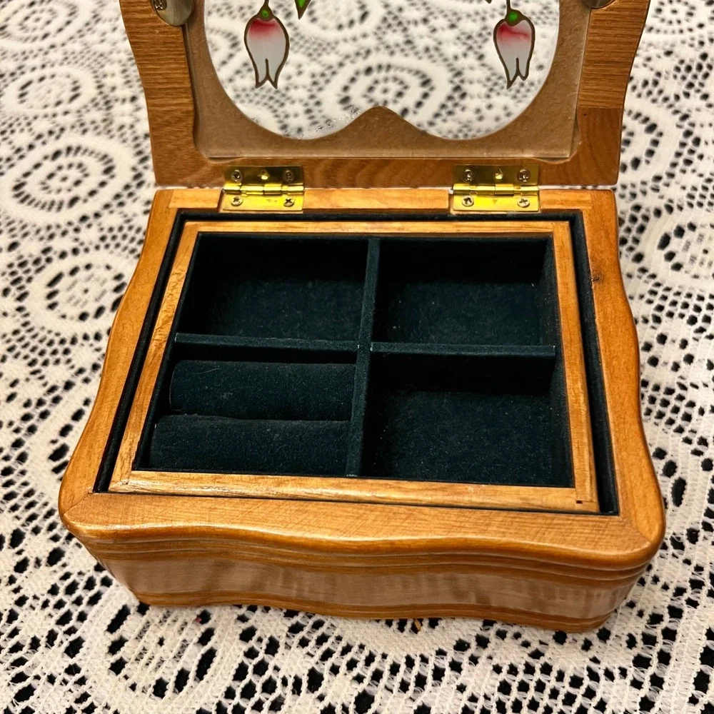 Vintage Wooden Jewelry Box Heart Shaped Floral Glass Inlay